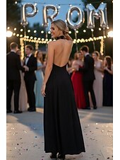 cheap Long Dresses &amp; Gowns-A-Line Floor Length Prom Dress Wedding Guest Dress Evening Gown Prom Dresses Elegant Sleeveless Halter Neck Prom Formal Linen Backless with Solid Color
