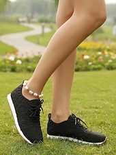 baratos Ténis de mulher-Tênis feminino branco de malha com cadarço – calçado leve, respirável e confortável para caminhadas, ideal para férias em resorts, viagens à praia e uso diário.