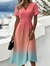 ieftine Rochie Artă și Design-Pentru femei Rochii Midi Rochie A line Vacanță Casual Boho Fit regulat Grafic Manșon scurt În V Albastru piscină Roz Îmbujorat Mov Portocaliu Vară Primăvară