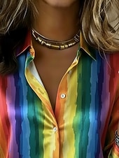 cheap Art&amp;Design Blouses-Women's Shirt Satin Shirt Print Graphic Rainbow Striped Vacation Fashion Daily Long Sleeve Shirt Collar Regular Tops Daily Holiday Going out Rainbow Summer Spring Fall