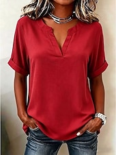 abordables Blusas Sencillas-Mujer Blusa Color sólido Vintage Elegante Básico Manga Corta Escote en Pico Tops regulares Casual Diario Blanco Rosa Rojo Morado Verano Primavera