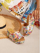 voordelige Slide Sandalen-vakantie citrustuin canvas hoge hak muiltjes