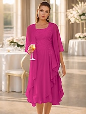 economico Set di abiti per la mamma-Due Pezzi Linea ad A Lunghezza al ginocchio Abito da invitata a nozze Abito da cerimonia per signora Senza Maniche Scollo Tondo Elegante Ospite di nozze Ricevimento di matrimonio Chiffon Pizzo Abiti