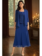 abordables Ensembles de robes pour maman-Ensembles de robes longueur thé robe de invitée de mariage robe de mère de la mariée à manches 3/4 décolleté carré élégante simple pour invité de mariage avec couleur unie