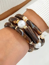 billige Damearmbånd-Bohemsk 3-delt armbåndssett i akryl for kvinner, elastiske, stabelbare armbånd, perfekt for strandferie, hverdagsbruk og sommertilbehør