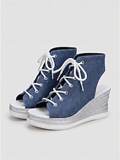 economico Sandali con Piattaforma-Sandali con zeppa e lacci in denim da donna – espadrillas con plateau e punta aperta, ideali per festival musicali, vacanze e abbigliamento casual all'aperto.