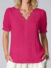 cheap Plain tee-Women's T Shirt Lace Splicing Top Tee Top Lace Patchwork Plain Fashion Stylish Classic Short Sleeve V Neck Regular Tops Daily Going out Weekend Black White Yellow Purple Fuchsia Summer Spring