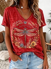 cheap Floral tee-Women's T Shirt Print Floral Graphic Animal Vintage Stylish Classic Short Sleeve V Neck Regular Tops Casual Daily Going out Red Sky Blue Purple Summer Spring