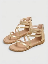 cheap Women-Women's Gold Gladiator Flat Sandals – Strappy Thong Beach Sandals for Outdoor Resorts &amp; Summer Vacation Wear