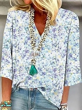 billige Blomstrete bluser-Dame Bluse Trykt mønster Blomstret Grafisk Elegant Stilfull Fritid 3/4 ermer V-hals Vanlige topper Avslappet Daglig Ut på byen Blå Hvit Gul Grønn Sommer Vår Høst