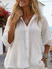  Women's Shirt Solid Color Plain Stylish Casual Long Sleeve Shirt Collar Regular Tops Daily Holiday Buttons Blue White Yellow Pink Summer Spring