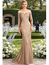 tanie Suknie wieczorowe syrenki-Syrena Tren sweep Suknia Suknia wieczorowa Sukienka dla matki panny młodej Rękaw 1/2 Łódeczka Elegancja Formalny Gość weselny Koronka Tiul z Haft nakładany