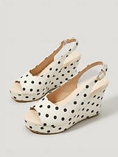 cheap Wedge Sandals-Women's Retro Polka Dot Wedge Sandals - Elegant White &amp; Black Peep Toe Platform Heels with Slingback for Luxury Cruise Vacations, Deck Parties &amp; Summer Resort Wear