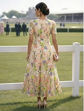 preiswerte Cocktailkleider-A-Linie Tee-Länge Cocktailkleider Elegant Vintage Blumen Kurzarm Rundhalsausschnitt Gartenparty Hochzeit Satin Tüll Tiefer Wasserfall-Rückenausschnitt mit Gestickte Blume Falten Stickerei
