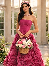 economico Abiti Lunghi &amp; Gowns-Linea ad A Lunghezza alla caviglia Abiti da Ballo Floreale Sbuffato Senza Maniche Senza Spalline Festa in giardino Ospite di nozze Tulle Senza schiena con Arricciato