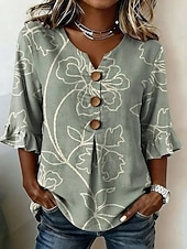 cheap Floral Blouses-Mardi Gras Women's Shirt Floral Graphic Vintage Stylish Long Sleeve V Neck Long Tops Casual Daily Holiday Sage Green Pink Green Summer Spring