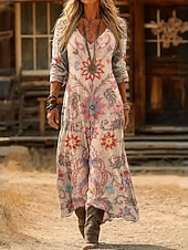  女性用 マキシドレス サンドレス サマードレス 旅行度假风 カジュアル ボヘミアン 日常 ルーズフィット グラフィック カラーブロック エスニック 長袖 Ｖネック ピンク オレンジ グリーン ライトオレンジ 夏 春