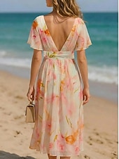 abordables Vestidos florales elegantes-Mujer Vestido maxi Vestido de raso Vestido de flores Vestido Estampado Elegante Moda Moderno Diario Exterior Vacaciones Ajuste regular Floral Manga Corta Escote en Pico Rosa Verano Primavera