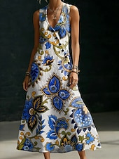 economico Abiti Floreali Stampati-Per donna Abito Midi Abito Boho Abito Camicia Vestito Estivo Elegante Bohemien Etnico Spiaggia Ferie Vestibilità regolare Floreale Grafico Senza Maniche Scollo a V Blu Rosa Arancione Estate Primavera