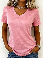 abordables T-shirt uni-Femmes T-shirt Couleur Unie Élégant Basique Manche Courte Col en V Hauts Réguliers Occasionnel Sports Week-end Noir Vert Claire Rose Claire Violet Claire Gris Clair Été Printemps