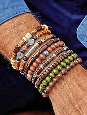 Χαμηλού Κόστους Ανδρικά κοσμήματα-Σετ ανδρικών βραχιολιών με ξύλινες χάντρες μποέμ, 10 ελαστικά βραχιόλια με χάντρες που στοιβάζονται για διακοπές στην παραλία, καθημερινή casual ένδυση, ταξίδια και φεστιβάλ