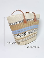 cheap Vacation &amp; Travel Bags-Women's Bohemian Striped Straw Tote Bag and Sun Hat Set, Boho Ethnic Woven Beach Vacation Handbag Set in Multiple Colors for Resort Travel, Casual Summer Outfits and Everyday Wear