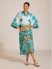 billiga Casual blommiga klänningar-Balearerna blå chiffong kaftan med fladdermusärm