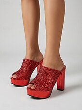 voordelige Platform Sandalen-Rode glitter platform muiltjes voor dames – stevige instapsandalen met blokhak voor de nachtclub of een feestje. &amp;een glamoureuze avond uit