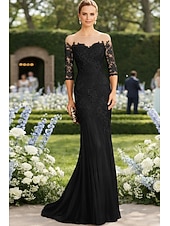tanie Suknie wieczorowe syrenki-Syrena Tren sweep Suknia Suknia wieczorowa Sukienka dla matki panny młodej Rękaw 1/2 Łódeczka Elegancja Formalny Gość weselny Koronka Tiul z Haft nakładany