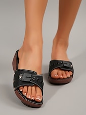 cheap Wedge Sandals-Women's White Buckle Wedge Slide Sandals – Comfortable Rivet Slides for Garden, Casual, Vacation and Everyday Wear