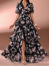 baratos Vestidos de chiffon-Mulheres Vestido Longo Vestido de chiffon Vestido casual Vestido floral Elegante Moda Moderno Ao ar livre Férias Para Noite Normal Floral Manga Curta Decote V Preto Rosa Verão Primavera