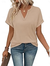 abordables T-shirt uni-Femmes T-shirt Uni Mode Élégant Classique Manche Courte Col en V Hauts Réguliers Quotidien Sortir Week-end Bleu Noir Blanche Rose Claire Rouge Été Printemps