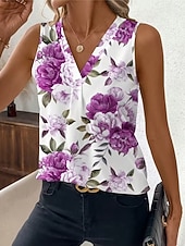billige Grafisk tank-Women's Tank Top Floral Graphic Plants Elegant Vintage Stylish Sleeveless V Neck Regular Tops Beach Wedding Casual Daily White Light Pink Light Purple Orange Summer Spring