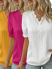  3er-Pack Damenblusen, T-Shirts, Oberteile mit Strukturmuster, Spitze, Patchwork, schlicht, modisch, stilvoll, klassisch, Kurzarm, V-Ausschnitt, normale Oberteile, lässig, für Alltag, Strand, Weiß + Fuchsia + Gelb