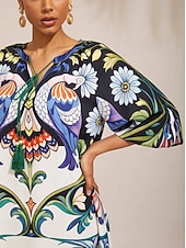 baratos Vestidos Florais-Vestido longo de chiffon com estampa de pássaros e flores, mangas raglan.