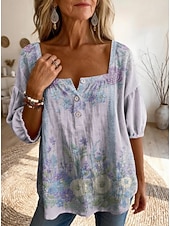 Χαμηλού Κόστους Λουλουδάτες μπλούζες-Γυναικεία Μπλούζα Σουρωτά Κεντητό Στάμπα Φλοράλ Γραφική Λαχούρι Καθημερινά Στυλάτο Βασικό Μισό μανίκι Τετράγωνη Λαιμόκοψη Κανονικά μπλουζάκια Καθημερινά