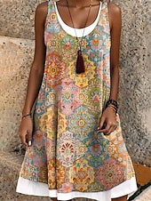 cheap Boho Dress-Women's Knee Length Dress Sundress T Shirt Dress Tee Dress A Line Dress Vacation Casual Boho Loose Fit Graphic Geometric Sleeveless U Neck Yellow Wine Purple Summer Spring
