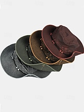 voordelige Herenhoeden-Vintage western cowboy zonnehoed voor heren, veelkleurige polyester outdoorhoed met opvouwbare rand en kinband, ideaal voor vakanties, wandelen, vissen en dagelijks gebruik.