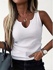 abordables Tanque Sencillo-Mujer Tejido de punto acanalado Camiseta sin mangas Color sólido Elegante Casual Sin Mangas Escote en U Tops regulares Noche Ropa de vacaciones Negro Blanco Marrón Verde Trébol Verano