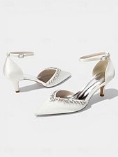abordables Zapatos de salón de tacón bajo-Zapatos de tacón bajo de satén rosa para mujer, zapatos de salón con tira en el tobillo y punta afilada con pedrería para cócteles y bodas. &amp;eventos nocturnos