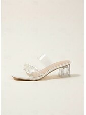 cheap Slide Sandals-Women's Clear PVC Heels with Pearl Accents and Block Heel, Perfect for Weddings and Formal Events