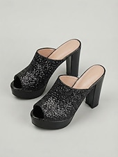 voordelige Platform Sandalen-Rode glitter platform muiltjes voor dames – stevige instapsandalen met blokhak voor de nachtclub of een feestje. &amp;een glamoureuze avond uit