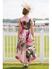  Ligne A Asymétrique Longueur thé Robe de Derby Robe de Mère de Mariée  Sans manches Col en V Élégant ancien Kentucky Derby Satin avec Fleur Imprimé