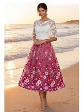 cheap Cocktail Dresses-A-Line Tea Length Lace Dress Cocktail Dresses Elegant Vintage Floral Half Sleeve Crew Neck Garden Party Wedding Pocket Satin Tulle with Embroidered Flower Appliques
