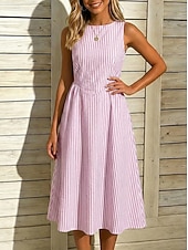 abordables Robe Rayée et Géométrique-Femmes Robe Midi Robe Décontractée robe rayée Robe trapèze Élégant Mode Quotidien Vacances Coupe régulière Rayé Sans manches Col ras du cou Bleu Noir Jaune Rose rouge Été Printemps