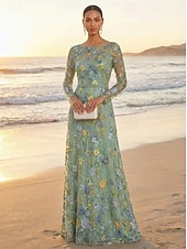 voordelige Vloerlengte-A-lijn Jurken Tot de grond Feestjurk Cocktail jurk Moeder van de bruid jurk Lange mouw Strakke ronde hals Elegant Vintage Luxueus Formeel Bruiloft gast Kentucky Derby Chiffon Tule met Borduurwerk