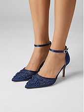 baratos Convidado do casamento-Sapatos de salto agulha bordados em azul marinho para mulheres – elegantes sapatos de festa com tira no tornozelo.