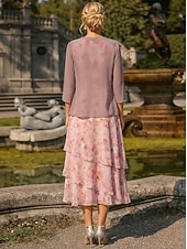 baratos Conjuntos de vestidos para mamãe-Duas Peças Linha A Longuette Vestido de convidada de casamento Vestido Para Mãe dos Noivos Sem Manga Manga 3/4 Gola Redonda Elegante Simples Minimalista Formal Semi formal Chiffon Jacquard com