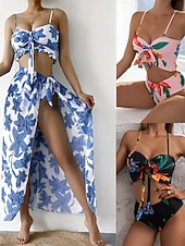 preiswerte 3-teiliges Bikini-Set-Damen Badeanzug Bikini Dreiteilig Slips Bademode Gerafft Urlaub Strandbekleidung Blumen Grafik V Ausschnitt Ärmellos Badeanzüge