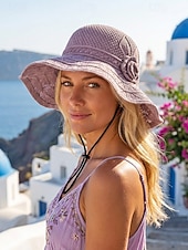 billiga Kvinnors hattar-Dam bohemisk sommarhatt, andningsbar polyester, 3D-blomdekoration, flerfärgad, solhatt med brett brätte för strandsemester, vardagskläder